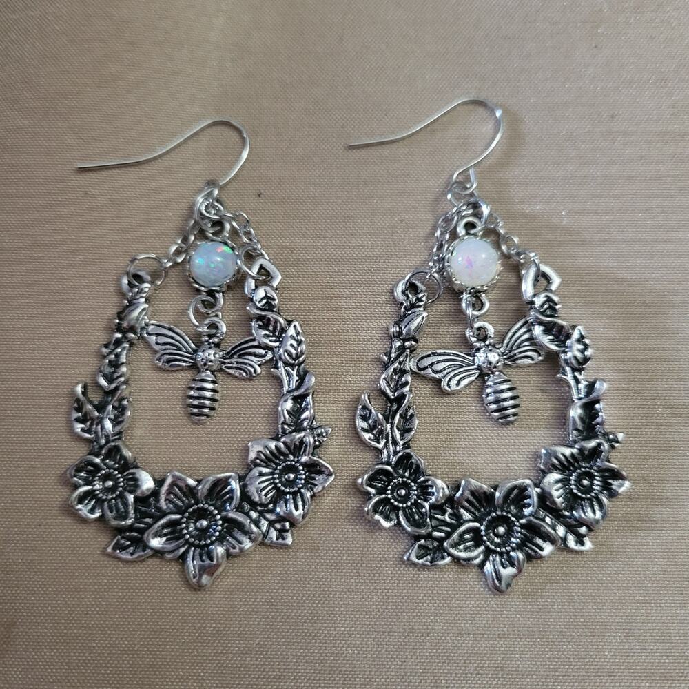Honey bee floral silver tone drop earrings with synthetic opal stone